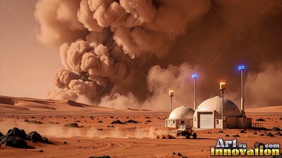 A small rover races toward white base domes as a dust storm rises under orange light
