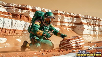 Kneeling on the red sand, an astronaut in a green suit examines a striped rock