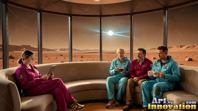 Four people relax on a curved couch before a wide window showing Mars