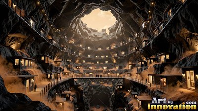 In a circular rock cavern, small lit cabins line layered tiers under an open skylight