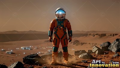 Standing on rocky ground, an astronaut in an orange spacesuit overlooks a Mars base