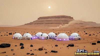 White habitat domes on a flat red desert before a plateau