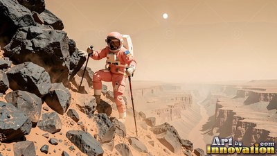 An astronaut in a dusty pink spacesuit hikes with poles along a rocky Mars canyon