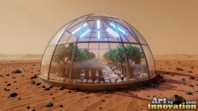 A glass dome greenhouse shelters rows of plants on Mars under blue overhead lights