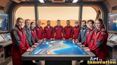 Standing around a blue map table inside a Mars station, crew members look outward