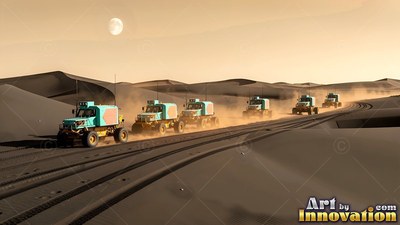 A line of turquoise trucks drives across dark sand dunes under a pale moon