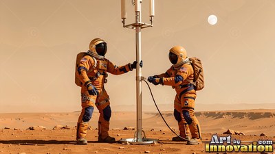 On a red plain, two astronauts in orange spacesuits assemble a tall antenna