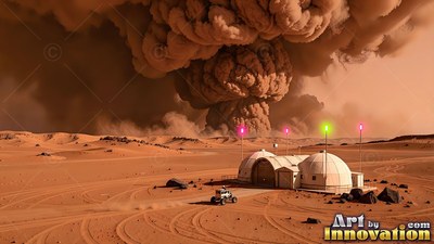 Rising over desert dunes, a huge dust storm towers behind a Mars colony base