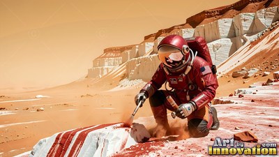 Astronaut in a red suit brushes red dust off white rock on Mars
