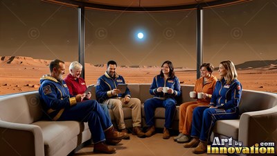 Navy flight suits worn by crew members seated on a curved couch facing the red Mars plain