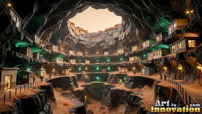Small buildings ring tiered stone ledges in a cavern under a dusky orange sky