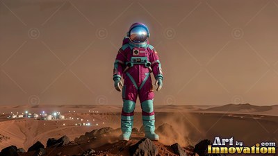 Standing full front on red rocks, an astronaut overlooks a small base on Mars