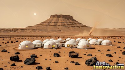 White domes sit on red dirt below a flat mountain and a dust devil