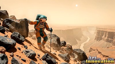 On a rocky orange slope, an astronaut hikes above a canyon with a walking pole