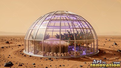 Sheltering fruit trees and wheat, a glass dome greenhouse sits on the red desert dirt