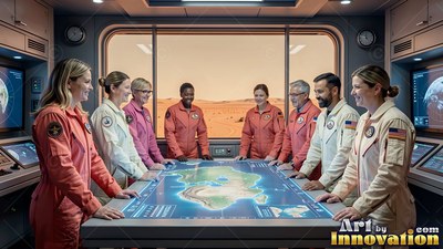 Astronauts in flight suits gather around a lit table map inside a base