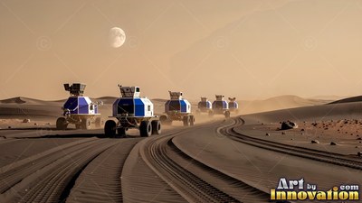Blue and white cabs mark a line of exploration rovers driving across a Mars desert