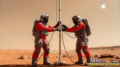 Two astronauts adjust a tall pole under a pale sun in an orange sky