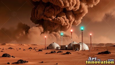 Viewed from eye level, domes on red Martian sand face a dark dust storm