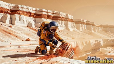 An astronaut kneels by white cliffs on Mars, chipping at a striped rock