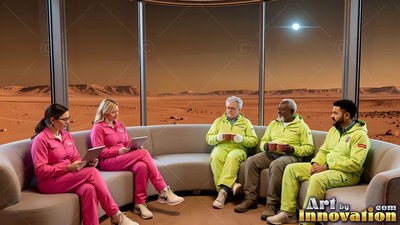 In an observation room on Mars, five crew members in pink and green sit on a couch