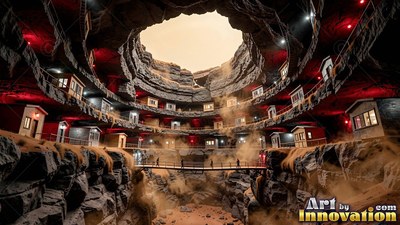 Crossing a bridge, tiny people walk through a circular Martian cavern city