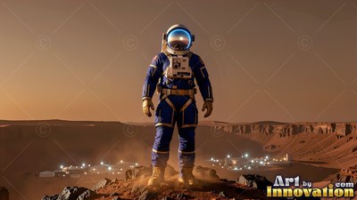 An astronaut in a blue spacesuit standing on Mars above a base