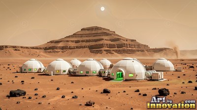White round habitat domes sit in a row before a rocky red desert mountain