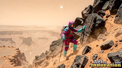 An astronaut in a magenta spacesuit climbs a rocky ridge under a pale peach sky