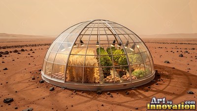Centered on red dirt, a clear glass greenhouse dome holds crops under lamps