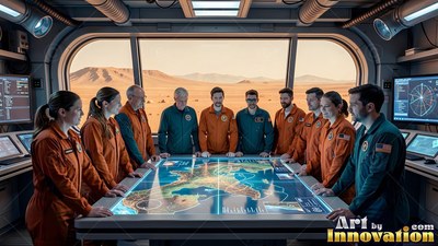 Astronauts in orange and teal jumpsuits gather around an illuminated map table