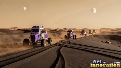 On a red sand plain, a line of purple rovers drives under two pale moons