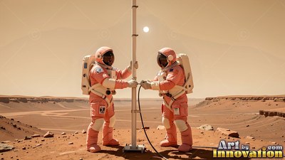 Assembling a tall pole, two astronauts in pink spacesuits stand on red dirt