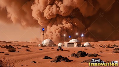A Mars base with white domes beneath a giant orange dust storm