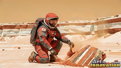 Wearing a red spacesuit, an astronaut kneels on a pale desert to brush dust off a rock