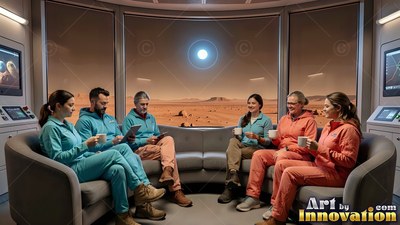 Six crew members sit together on a curved sofa facing pale sunlight across the red desert