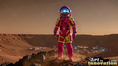 An astronaut in a bright pink and yellow suit stands on red rocks above a Mars base