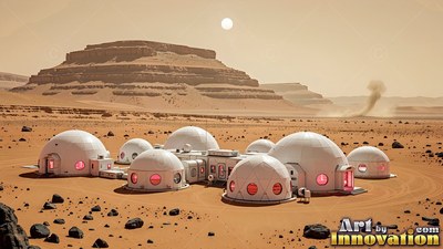 On a dusty red plain below a mesa, connected white domes form a base camp