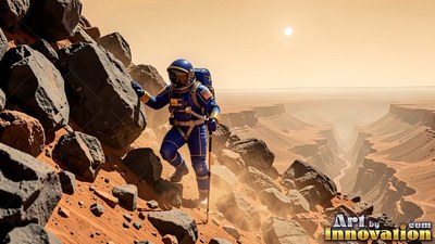 Climbing a rocky ridge, an astronaut in a blue spacesuit hikes above a red canyon