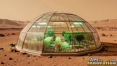 Glass greenhouse dome full of green plants on the red Mars desert