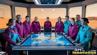 Crew members in magenta and turquoise flight suits stand around a lighted map table inside a Mars base