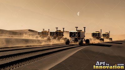 Boxy rovers drive across desert dunes kicked with dust under an orange sky
