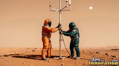 Standing upright, two astronauts hold an antenna pole on the red Mars plain