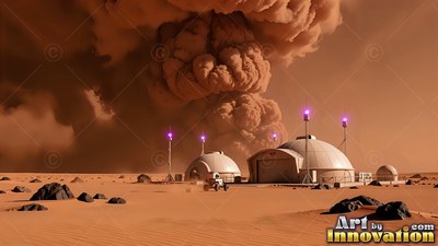 A huge brown dust storm rises behind white base domes on red desert sand