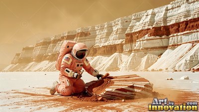 In a desert beneath striped cliffs, an astronaut kneels to hammer a rock