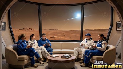 Sitting in a lounge, astronauts in flight suits look out at a red Martian desert