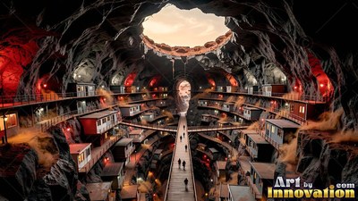 Small cabins inside a dark cave city with walkways