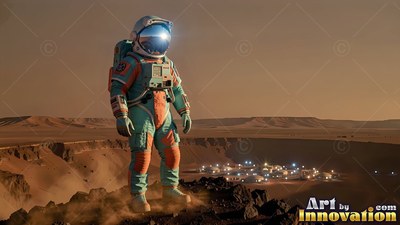 Wearing a teal and orange spacesuit, an astronaut overlooks a lit base inside a crater