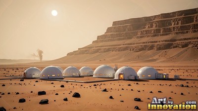 White domes sit on a red desert plain below a layered cliff in hazy sunlight