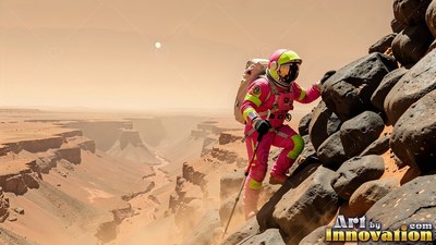 Climbing a rocky ridge, an astronaut in a pink suit overlooks a canyon on Mars